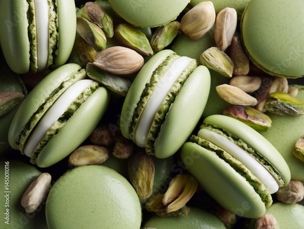 Obraz Soft green macaroons with pistachio on a grey table