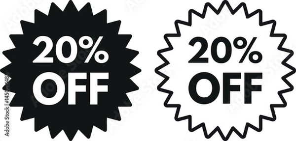 Fototapeta 20% off icon set in two styles . 20% off starburst icon .  20% discount label icon for promotions and marketing . Vector illustration