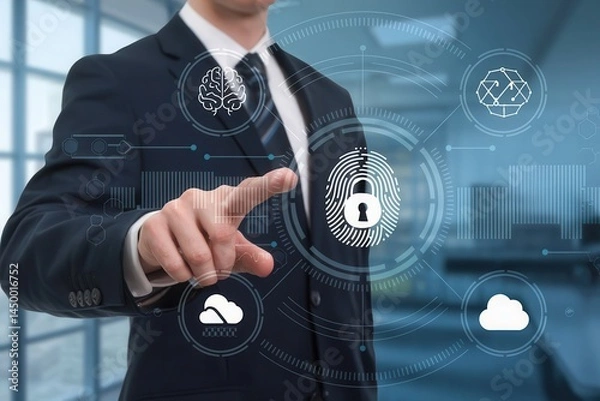 Fototapeta Businessperson interacting with digital security interface.