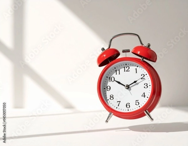 Fototapeta Red retro style alarm clock flying on cream white background