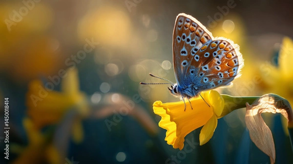 Fototapeta A delicate butterfly poised atop a vibrant yellow daffodil, captured in a dreamy, soft-focus close-up, epitomizes the delicate beauty of spring.
