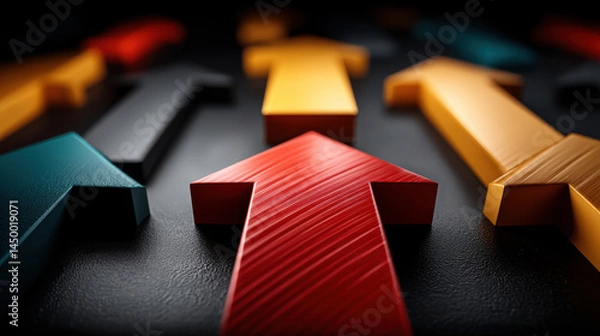 Fototapeta Upward arrows in red, yellow, and blue colors on dark textured surface, symbolizing growth, progress, and direction with bright and dynamic background