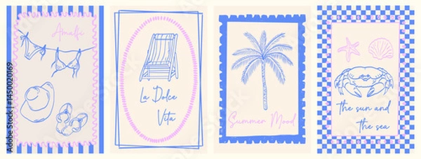 Obraz Summer vibes Italy. Hand draw vintage posters. Amalfi. Vacation vector illustrations in ink line doodle sketch style postage stamps with image. Symbols of relaxation, holiday mood, and ocean vibes.