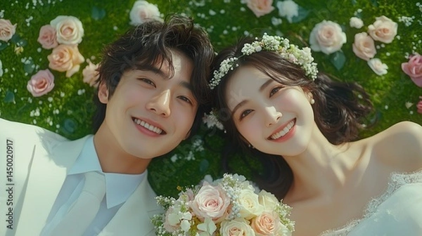 Obraz 緑豊かな芝生の上で微笑む新郎新婦、花冠と淡いピンクのバラのブーケを持った自然光溢れるガーデンウェディングの幸せな一瞬・上空から撮影 -生成AI