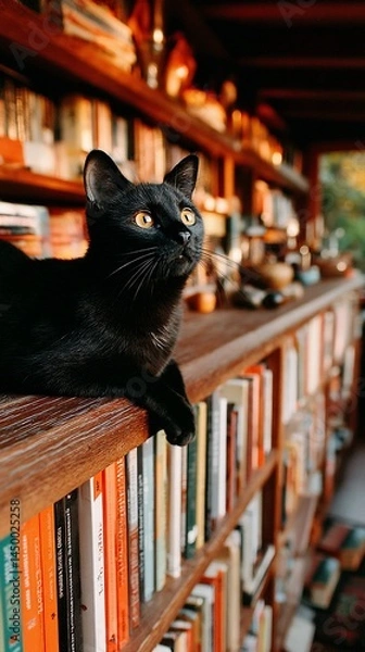 Fototapeta Black cat resting on wooden bookshelf filled with books