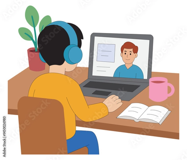 Fototapeta Child Learning Online Through Video Call Distance Education and Remote Learning Illustration.