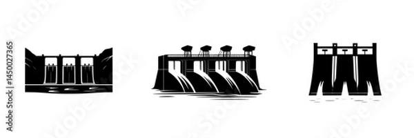 Fototapeta Design set of black and white dam illustrations showcasing hydroelectric power structures in a minimalist style