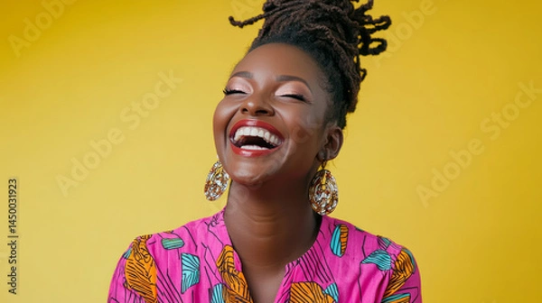 Fototapeta A happy optimistic African American woman poses in colorful fashion radiating joy and energy with a vibrant expression and confident attitude.  AI generative