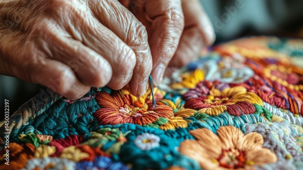 Fototapeta A hand stitching an intricate floral pattern on vibrant fabric showcasing embroidery skill detailed threadwork and colorful design in a craft-focused scene. AI generative