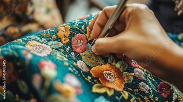 Fototapeta A hand stitching an intricate floral pattern on vibrant fabric showcasing embroidery skill detailed threadwork and colorful design in a craft-focused scene. AI generative
