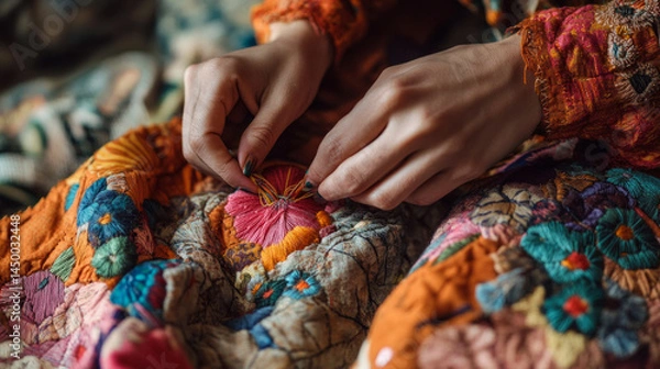 Fototapeta A hand stitching an intricate floral pattern on vibrant fabric showcasing embroidery skill detailed threadwork and colorful design in a craft-focused scene. AI generative