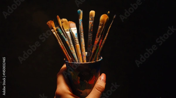 Fototapeta A hand gently holds a cup of color symbolizing creativity and expression in a conceptual scene full of vibrancy imagination and emotion. AI generative