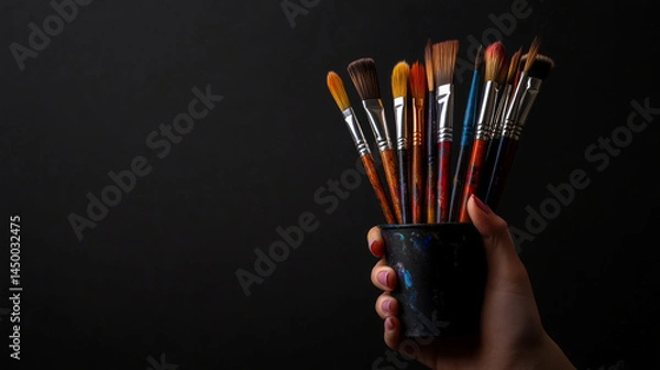 Fototapeta A hand gently holds a cup of color symbolizing creativity and expression in a conceptual scene full of vibrancy imagination and emotion. AI generative