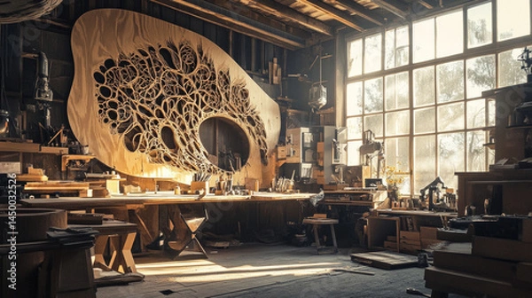Fototapeta Wood being shaped with intricate designs in a rustic workshop shows the craft of a focused artisan surrounded by wooden textures and tools. AI generative