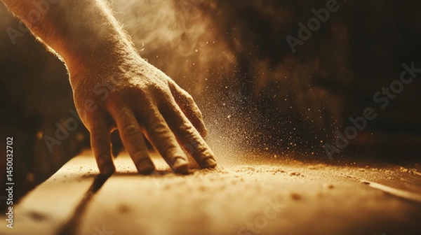 Fototapeta Carpenter sanding wood by hand in a woodworking workshop showcasing craftsmanship attention to detail and traditional techniques with visible dust and tools in focus. AI generative