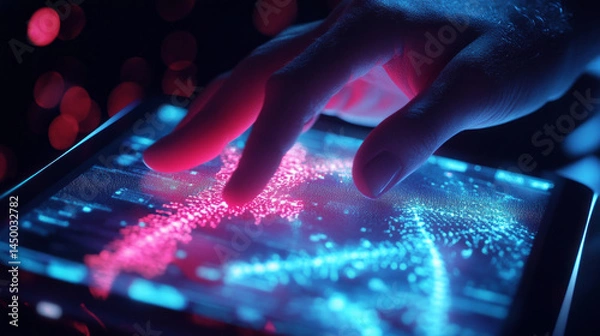 Fototapeta A doctor in medicine is touching an electronic record on a digital screen illustrating advanced healthcare interaction. AI generative