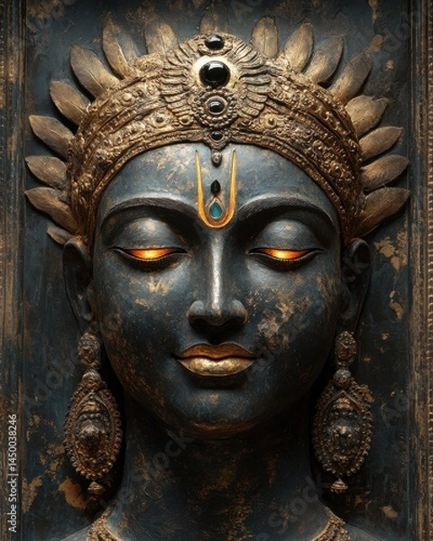 Fototapeta sacred Vishnu art in Rajasthani gold leaf style, glowing features, dark temple backdrop