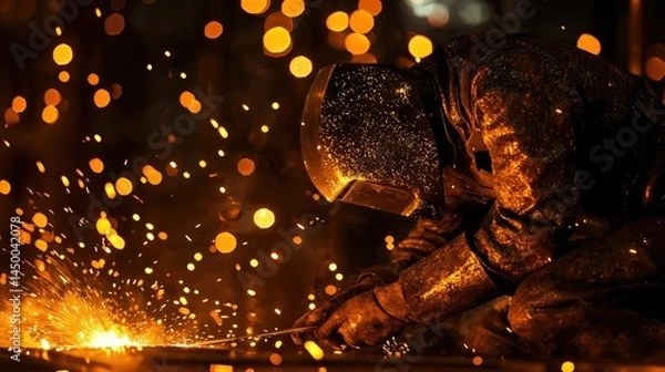 Obraz Focused industrial worker welding metal in a dark workshop.
