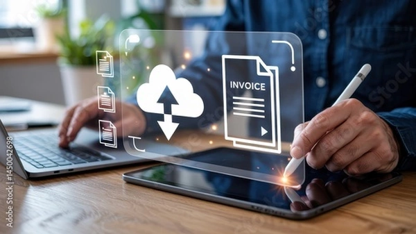 Fototapeta Person interacts with digital documents in a cloud-based system.