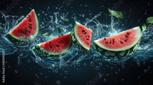Obraz Fresh watermelon slices in a dynamic water splash.