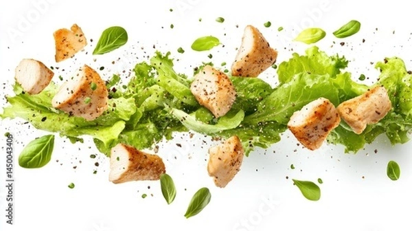 Obraz Delicious chicken and lettuce preparation in a dynamic motion.
