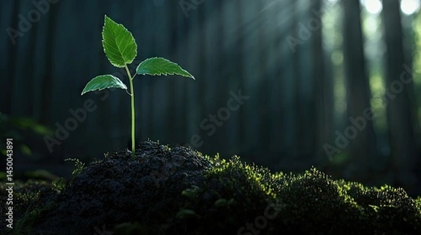 Obraz Emerging seedling in a forest floor environment.