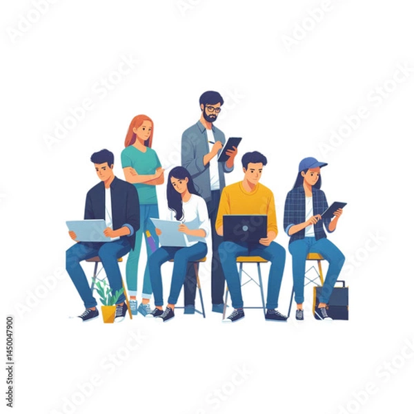 Obraz Flat illustration of office workers interacting in a corporate environment. Depicts teamwork, business communication, and daily tasks, suitable for presentations, infographics, and business blogs.