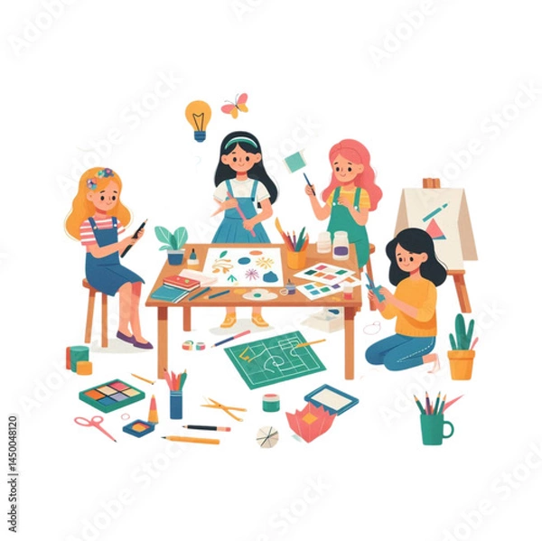 Obraz Colorful flat-style illustration of children engaged in arts and crafts activities like drawing and cutting paper. Perfect for creative education materials.
