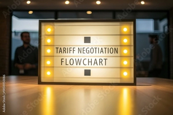 Fototapeta Tariffs and diplomacy shape trade agreements concept. Lightbox display featuring a tariff negotiation flowchart in a modern workspace setting.
