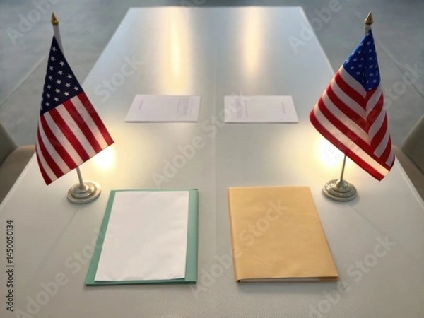 Fototapeta Tariffs and diplomacy shape trade agreements concept. Meeting setup with American flags and documents on a sleek conference table.