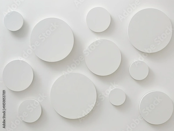 Fototapeta Large flat circles of varying sizes arranged in an orderly fashion on a pristine white background, with smooth edges resembling matte plastic or metal. Ideal for wall installation or graphic art