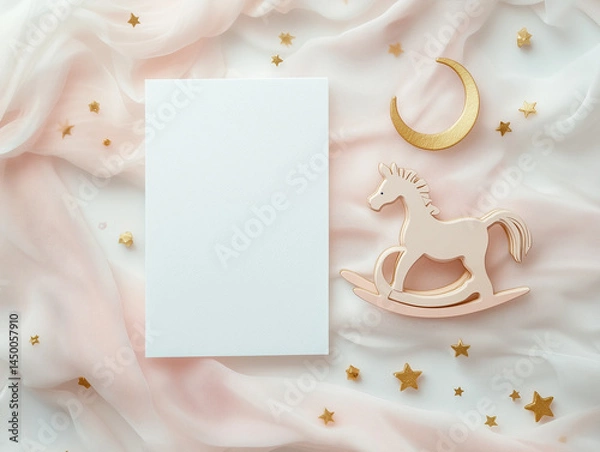 Fototapeta Blank Greeting Card Mockup with Wooden Rocking Horse and Gold Stars. Baby Shower Invitation Template with Toy Horse and Moon. Elegant Flat Lay with Card, Sheer Fabric, and Baby-Themed Decor