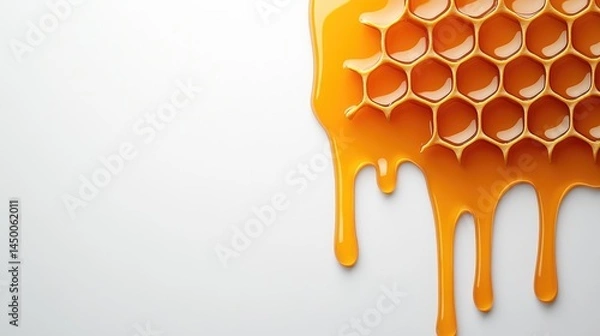 Fototapeta Ultra-sharp macro of a honeycomb piece with dripping honey, rich textures on an immaculately white background.