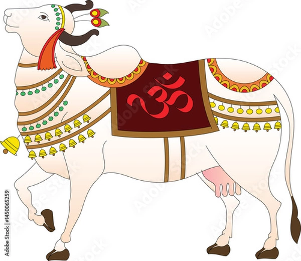 Fototapeta Holy cow in Kalamkari Indian traditional folk art on linen fabrics. It can be used for a coloring book, textile/ fabric prints, a phone case, greeting card. logo, calendar	
