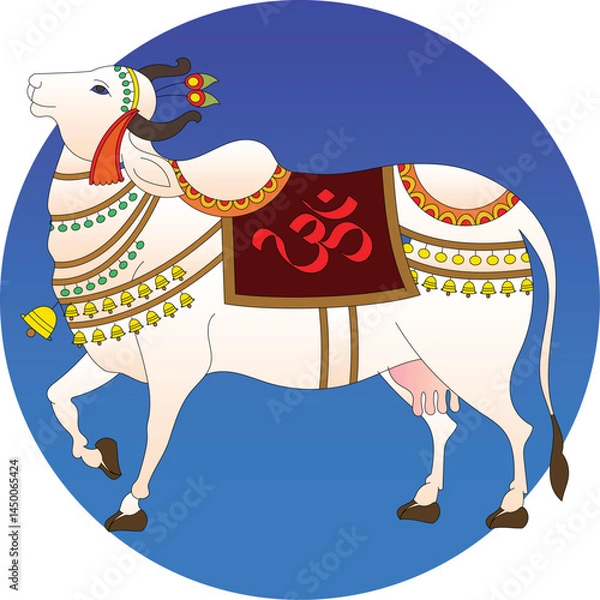 Fototapeta Holy cow in Kalamkari Indian traditional folk art on linen fabrics. It can be used for a coloring book, textile/ fabric prints, a phone case, greeting card. logo, calendar	
