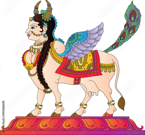 Fototapeta Kamadhenu also known as Surabhi is a goddess in Hinduism. a white cow with a female head and breasts, the wings of a bird, and the tail of a peafowl.