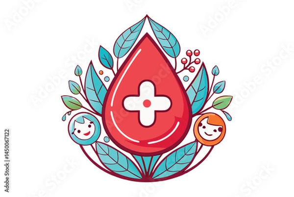 Obraz blood drop design featuring a red medical cross, surrounded by happy faces, plants, and vibrant elements, symbolizing the importance of donation, blood donor day