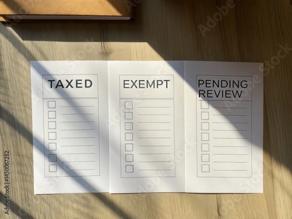 Fototapeta Tariffs and regulation define trade agreements concept. Organizational checklist with sections for taxed, exempt, and pending review items.