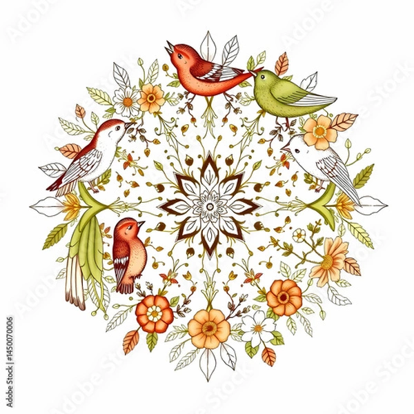 Fototapeta A striking mandala design featuring pink shapes with heart motifs against a deep purple background, creating a bold and romantic visual impact.