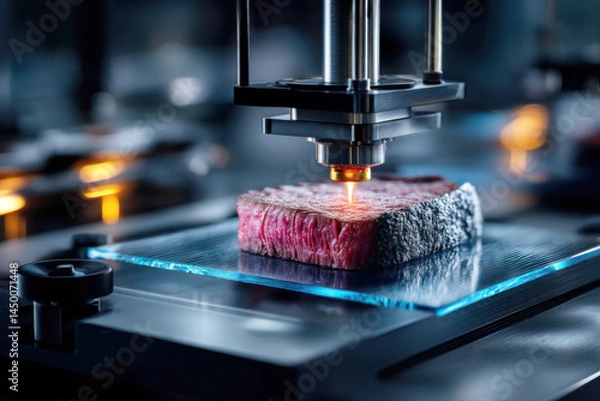 Fototapeta High-tech 3d printed meat steak on machine platform. 3D Printed Meat Production Process. Concept for advanced food technology, future food concept.  