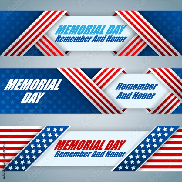 Fototapeta Set of web banners design, background with texts and American flag, for Memorial day event, celebration