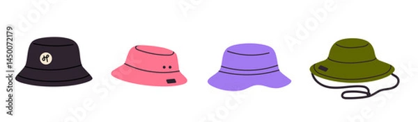 Fototapeta Set of trendy bucket hats in various colors and shapes, including outdoor and fashion styles for casual wear