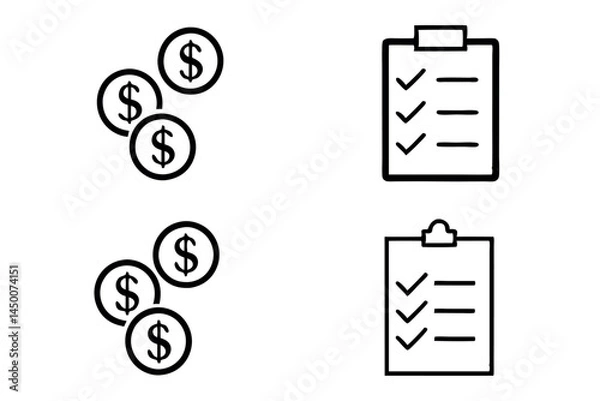 Obraz Icons of money and coins, checklist symbol for financial planning, budgeting, savings, financial tasks, line art design, line art icon set
