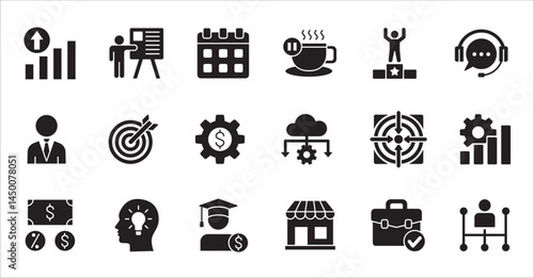 Fototapeta Business company flat icon set. Management icons. Contains symbol of finance, success, data, businessman, target, customer service, work, money, store, meeting, education, idea. Vector illustration