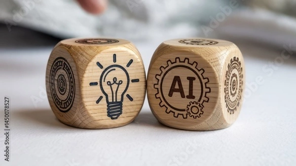 Fototapeta Two wooden dice, representing innovation and artificial intelligence.