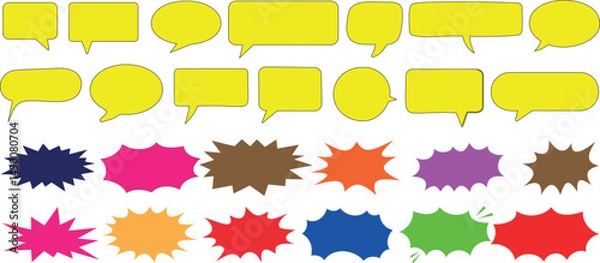 Fototapeta Colorful speech bubble set for comic designs. Vibrant yellow, blue, red, and more for cartoons, graphics, and creative projects. dynamic dialogue box artwork bold shapes