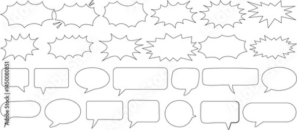 Fototapeta Comic speech bubble set, essential for pop art, retro comics, and cartoon design. Includes explosion shapes, talk balloon templates, and dialogue boxes for creative projects, stickers, and comics