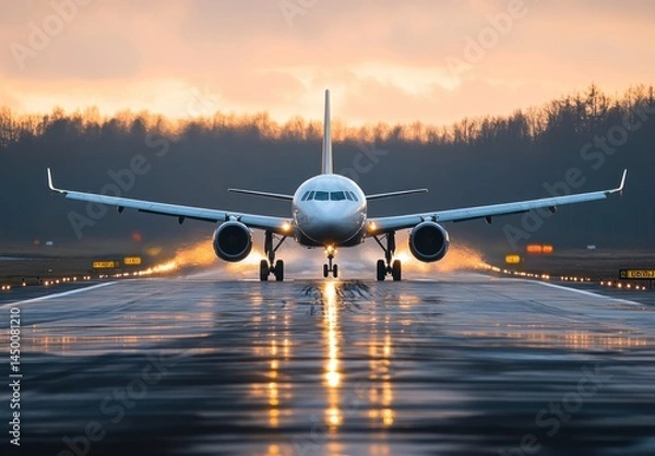 Fototapeta Airplane on Runway at Sunset with Glowing Lights Reflecting on Wet Surface in Calm Atmosphere