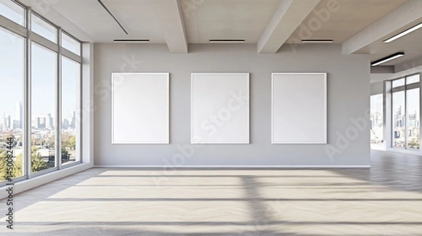 Fototapeta Modern open-plan office space with large windows showcasing city views