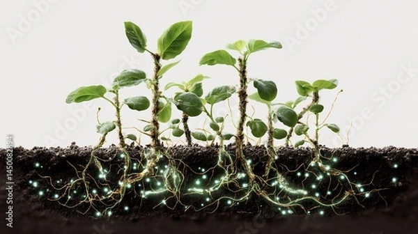 Obraz Artistic representation of microbe interacting plant root soil enhancing nutrient absorption protecting plant glowing microbial activity visible around roots clean design pure white background no text